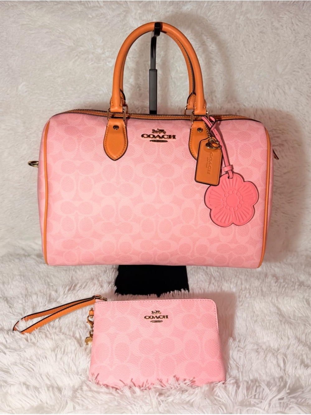 Coach Powder Pink & Tan ROWAN LRG satchel +Matching Corner Zip Wristlet Wallet